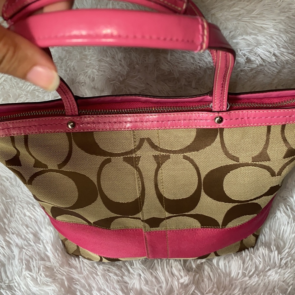 Coach Signature Stripe Tote Khaki & Pink - Picture 8 of 10
